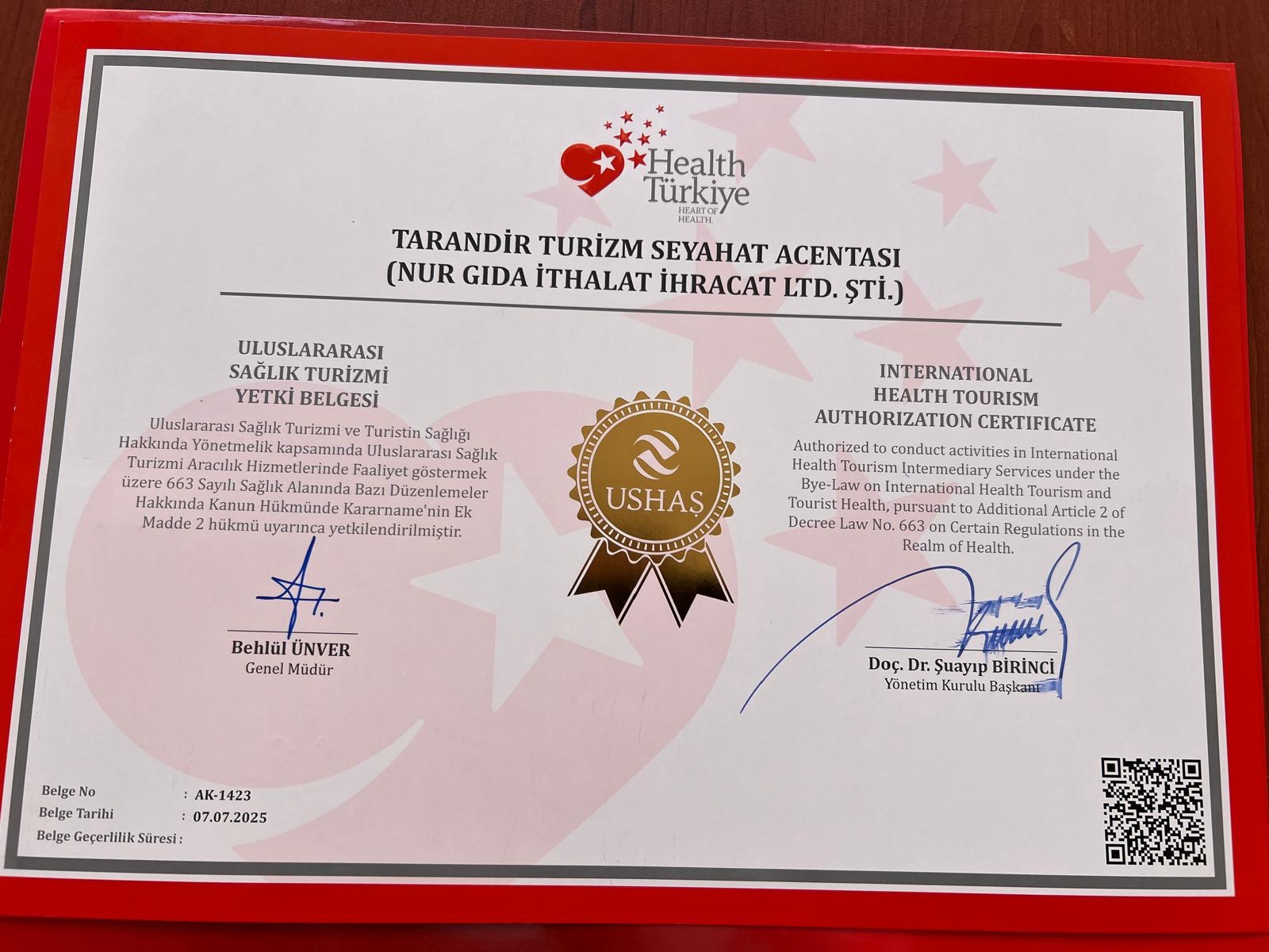 Uluslararası Sağlık Turizmi Yetki Belgesi – Tarandir Turizm Seyahat Acentası (Nur Gıda İthalat İhracat Ltd. Şti.) – AK-1423
